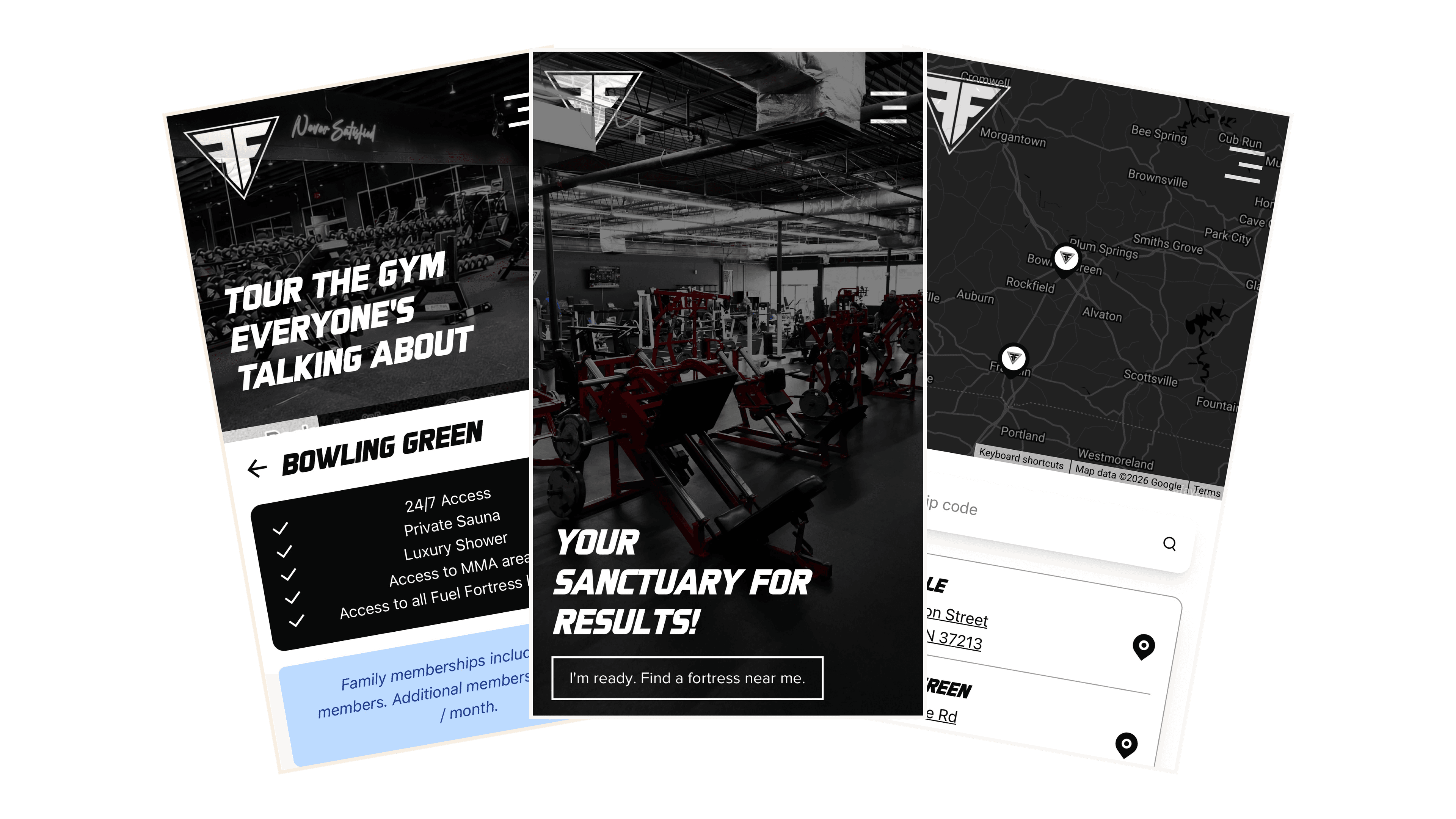 Fuel Fortress case study collage featuring mobile landing pages, gym imagery, and a location finder interface.